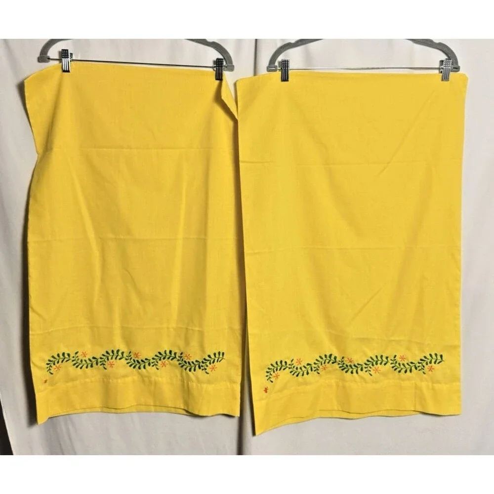 Vintage Hand Stitched Embroidery Pillow Cases. 2 Standard 20 x 31 Yellow
